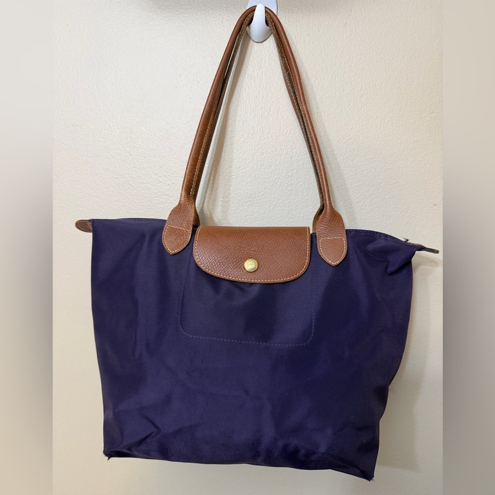 Longchamp Navy Tote with Brown Leather Trim